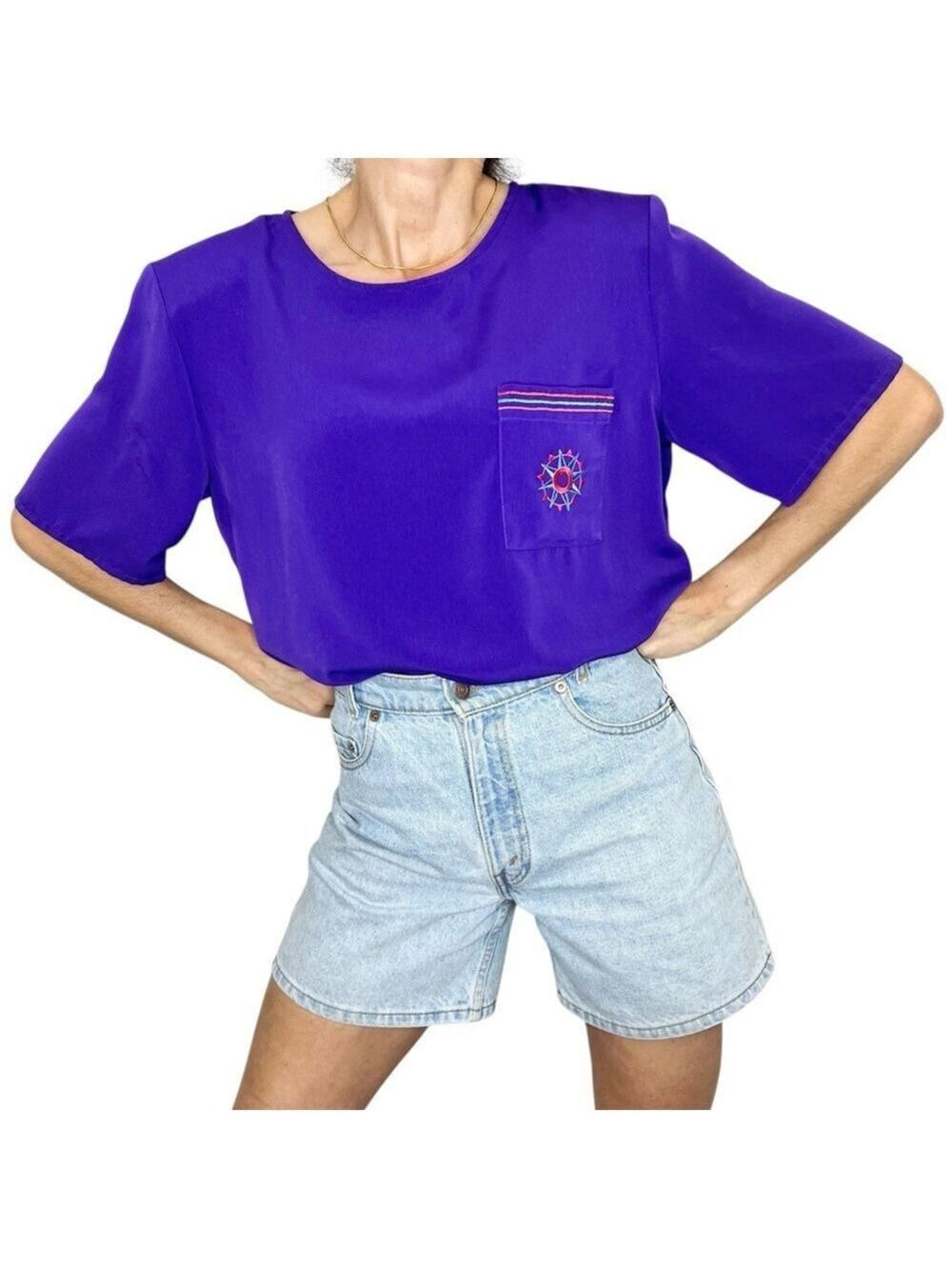 Vintage 80s 90s purple boxy short sleeve nautical top blouse 14
